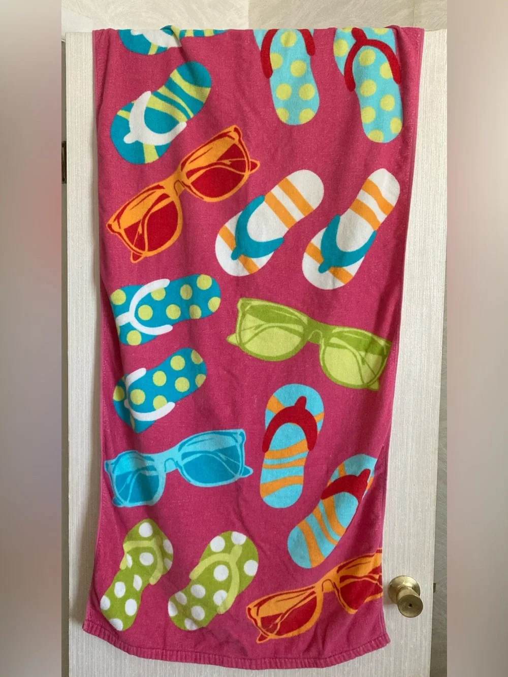 Bright Pink Beach Towel with Sunglasses & Flip Flop Print